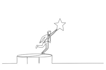 Drawing of businessman bounce on trampoline jump flying high to grab star. Metaphor for achievement. Continuous line art style