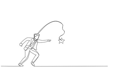 Cartoon of businessman running with carrot stick trying to grab star prize award. Metaphor for incentive. One continuous line art style