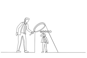 Illustration of businessman manager use magnifier to analyze employee with 5 stars rating. Metaphor for employee performance evaluation. Single line art style
