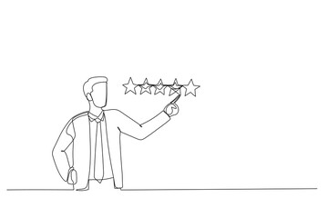 Cartoon of businessman giving 5 stars rating. Metaphor for best quality. One line art style