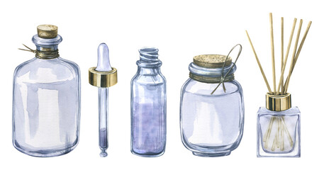 A set of glass jars for cosmetics with a stopper, pipette and aroma diffuser. Watercolor illustration. Isolated objects from a large collection of LAVENDER SPA. For decoration and design, compositions