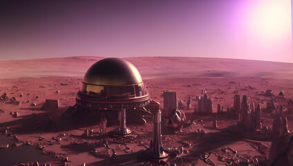 Naklejka na ściany i meble metropolis city on mars under a shining glass dome - alien planet - science fiction - sci-fi - future - space - red desert - dune - concept art - digital painting - illustration