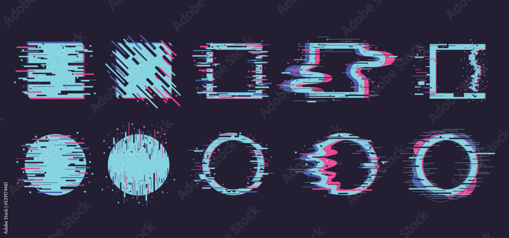 Poster distortion dynamic square and circle elements, technology noise defect, geometry figures isolated sy
