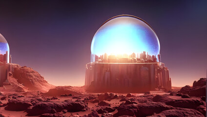 metropolis city on mars under a shining glass dome - alien planet - science fiction - sci-fi - future - space - red desert - dune - concept art - digital painting - illustration - 539174457