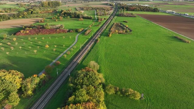 ICE Highspeed Train Railroad Track - Aerial View From Above