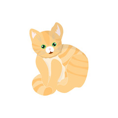Happy cute cat, red striped green-eyed beautiful character for kids, vector