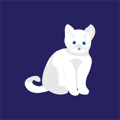 Happy cute cat, white blue-eyed beautiful character for kids, vector