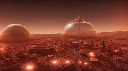 metropolis skyline on mars under a shining glass dome - alien planet - science fiction - sci-fi - future - space - red desert - dune - concept art - digital painting - illustration - 539175029