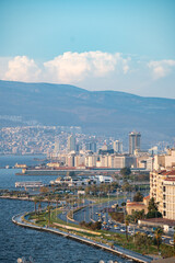 Aerial view of Izmir coast side parks, motorway and high buildings