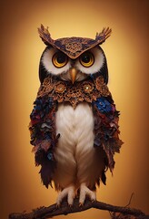 Illustration of autumn magical owl with whimsical plumage made from dry leaves
