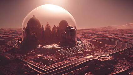 metropolis on mars under a shining glass dome - alien planet - science fiction - sci-fi - future - space - red desert - dune - concept art - digital painting - illustration