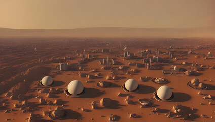 Obraz premium first martian colony - mars base - planet mars colony with geodesic buildings / domes and small dust in the red desert - concept art - digital painting - science fiction - space - solar system