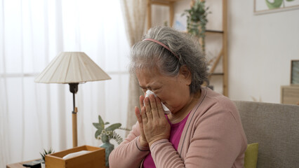 asian senior woman suffering allergies is sneezing and blowing her nose with a tissue paper in the living room at home. retirement and healthcare concept