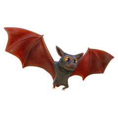 A stylized 3D rendering of a flying bat, set against a white background, for Halloween.