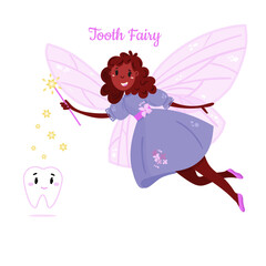 American Tooth Fairy with tooth. Beautiful black princess with magic wand. Happy girl with wings and magic stick for dental banner.