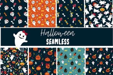 Halloween Set pattern with cute ghost, pumpkin, spider on web. Seamless with funny skull, witch on hat, cat with glasses. Set of elements for party such as moon, flowers, bone, candy