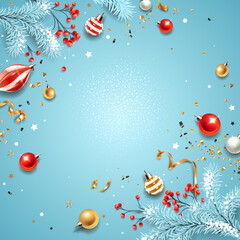 Obraz na płótnie Canvas Square banner with red and gold Christmas symbols and text. Christmas tree, gifts, golden tinsel confetti and snowflakes on blue background. Header for website template. 
