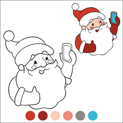 Merry Christmas and Happy New Year coloring page with example and color palette. Santa Claus holds a phone in the hand and smiles. He takes a selfie.