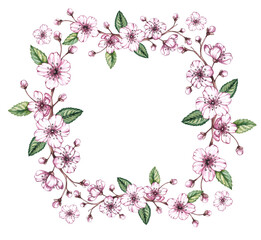 Watercolor cherry frame on a white background