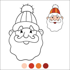 Merry Christmas and Happy New Year coloring page with example and color palette. Santa Claus smiles.