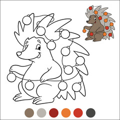 Merry Christmas and Happy New Year coloring page with example and color palette. Little cute echidna or hedgehog decorated with a New Year's garland.