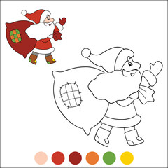 Merry Christmas and Happy New Year coloring page with example and color palette. Santa Claus carries a huge bag of gifts and waves his hand.