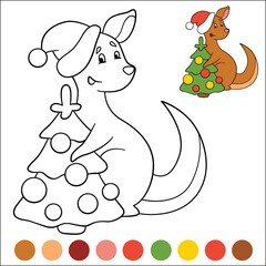 Merry Christmas and Happy New Year coloring page with example and color palette. Little cute kangaroo stands near the Christmas tree with toys.