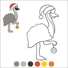 Merry Christmas and Happy New Year coloring page with example and color palette. A cute emu stands, smiles and holds a New Year's toy in its hand.