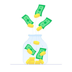 Keeping money in jar. Saving money. Money flying to jar.