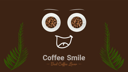 Coffee man or girl smiling, poster design. Top view white cups with happy face concept. Creative coffee banner.