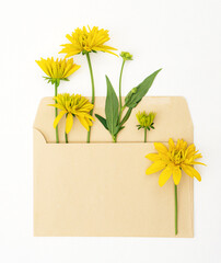 Minimalistic floral greeting card with a bouquet of yellow flowers.
