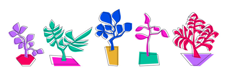 Various vector house plants in pots bright abstract set. Floral design, colorful trendy illustration. All elements are isolated.