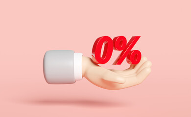 3d cartoon businessman hands holding red 0%, zero percent isolated on pink background. discounted products, marketing promotion bonuses concept, 3d render illustration, clipping path