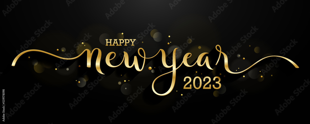 Wall mural happy new year 2023 metallic gold brush calligraphy banner on black background - Wall murals