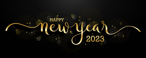 HAPPY NEW YEAR 2023 metallic gold brush calligraphy banner on black background