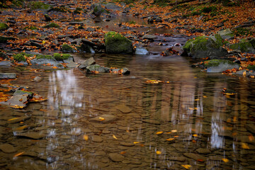 Szepit waterfall on the Hylaty stream. Autumn in the Bieszczady Mountains