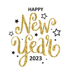 HAPPY NEW YEAR 2023 gold glitter and black brush calligraphy banner with stars