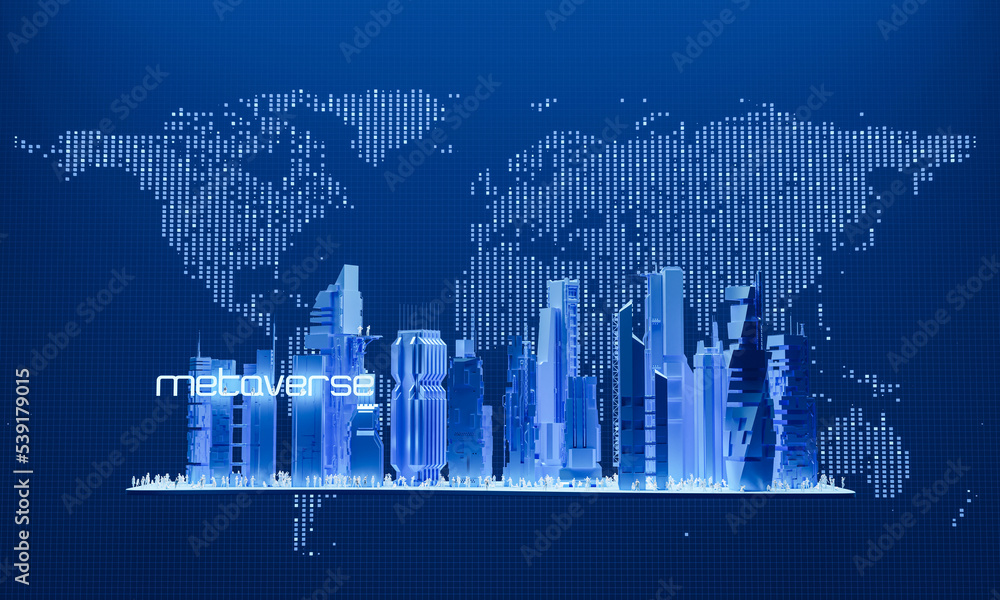 Poster metaverse city concept. 3d render wireframe blue color technology background with the people crowd. 