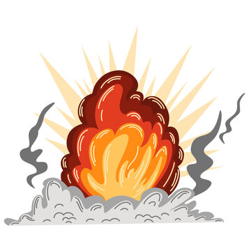 Explosion. Cartoon dynamite or bomb explosion, fire. Boom clouds and smoke element. Dangerous explosive detonation, Atomic bomb explosion. Vector hand draw illustration.