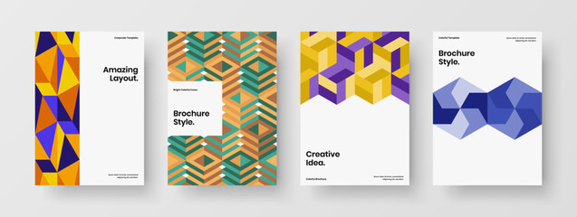 Vivid mosaic hexagons presentation concept collection. Multicolored handbill A4 vector design template bundle.