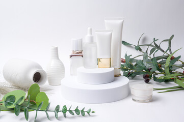moisturizing cream bottle over leaf background studio, packing and skincare beauty concept.