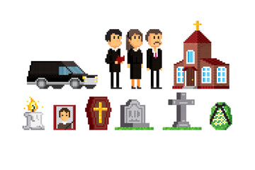 Funeral icons set. Pixel art. Old school computer graphic. 8 bit video game. Game assets 8-bit sprite.