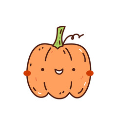 Cute and funny orange pumpkin isolated on white background. Vector hand-drawn illustration in doodle style. Kawaii character. Perfect for cards, decorations, logo and Halloween designs.