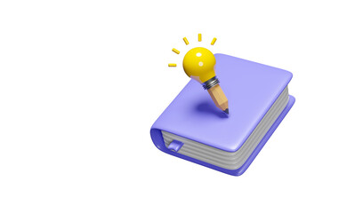 3d purple textbook, close book icon with light bulb, pencil isolated. idea tip education, knowledge creates ideas concept, minimal abstract, 3d render illustration