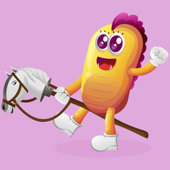 Cute yellow monster playing with toy horse