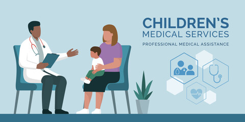 Professional doctor talking with a mother and her child
