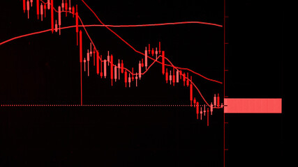 The red crashing market volatility of crypto trading with technical graph and indicator, red candlesticks going down without resistance, market fear and downtrend. Cryptocurrency background concept. © artitwpd