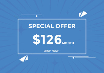 $125 USD Dollar Month sale promotion Banner. Special offer, 125 dollar month price tag, shop now button. Business or shopping promotion marketing concept
