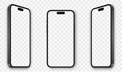 Realistic models smartphone with transparent screens. Smartphone mockup collection. Device front view. 3D mobile phone with shadow on transparent background - stock vector.