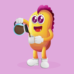 Cute yellow monster drinking coffee, coffee time